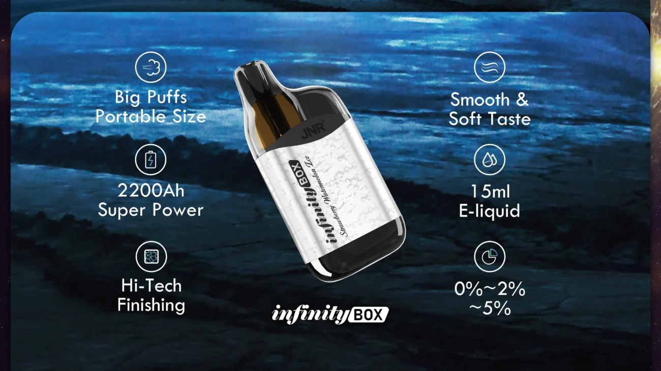 JNR Infinity Box vape in Strawberry Watermelon Ice flavor featuring 2200mAh battery and 15ml e-liquid