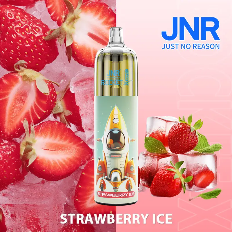 JNR Rocket X vape with strawberry ice flavor featuring rocket-themed design and fresh strawberries