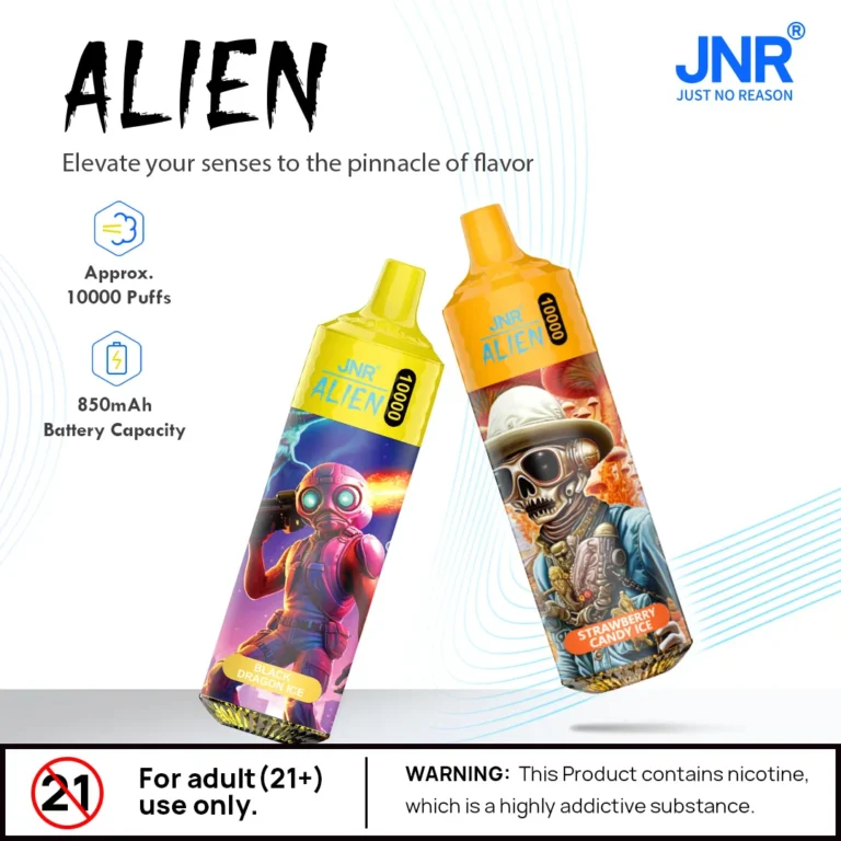 Vapes jetables JNR Alien avec designs futuristes, saveurs Black Dragon Ice et Strawberry Candy Ice, capacité de 10000 puff, et batterie de 850mAh.