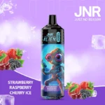 Vape jetable JNR Alien Strawberry Raspberry Cherry Ice avec design extraterrestre, saveur fraise, framboise et cerise glacée, capacité de 10000 Puffs et batterie de 850mAh.