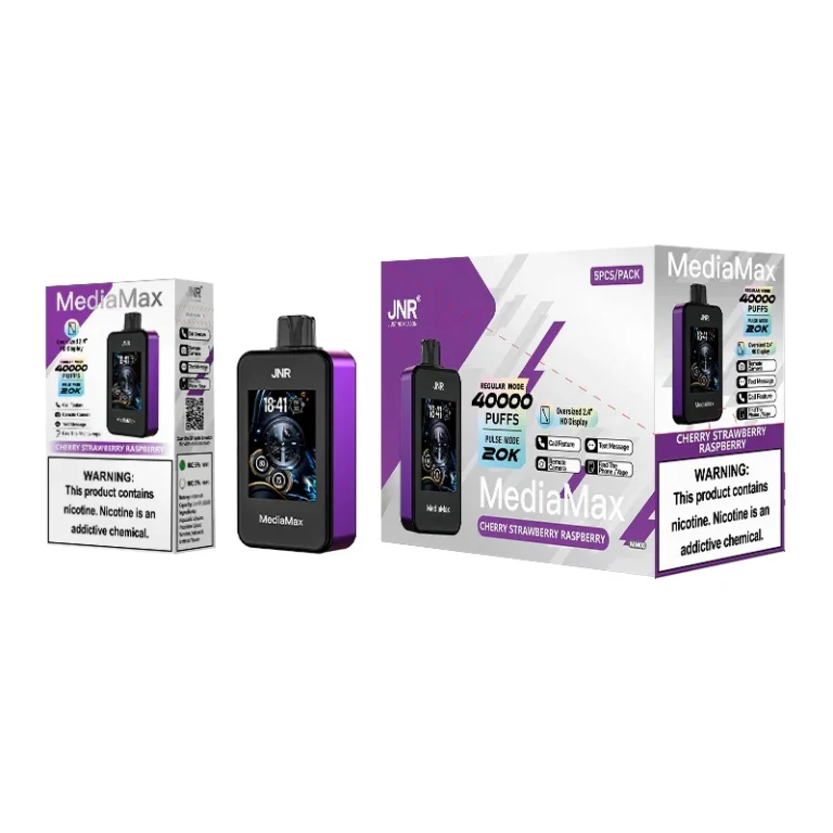 Vape jetable JNR MediaMax en violet métallique avec saveur Cherry Strawberry Raspberry, affichée avec son emballage mentionnant ses 40000 Puff et ses fonctionnalités modernes