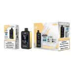 Vape jetable JNR MediaMax en finition dorée avec saveur Peach Mango Watermelon, affichée avec son emballage mentionnant ses 40000 puff et ses fonctionnalités modernes.
