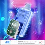 A blue VapeWatch smart vape device featuring a sleek digital display showcasing time, wattage, and battery levels, set against a vibrant futuristic background.