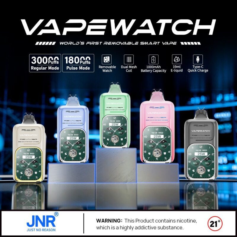 Un ensemble de dispositifs VapeWatch en différentes couleurs, offrant jusqu'à 30000 bouffées en mode régulier et 18000 bouffées en mode pulse, avec des fonctionnalités telles qu'une montre amovible, une batterie de 1000mAh, et une recharge rapide Type-C.