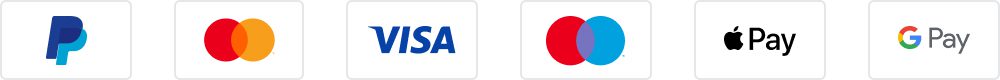 Icons representing accepted payment methods, including PayPal, Visa, Mastercard, Apple Pay, and Google Pay for secure transactions.