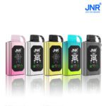 Five JNR vape mods in pink, white, yellow, blue, and black, each featuring a digital LED display and modern design