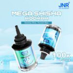 JNR Mega Shisha Hookah in Blueberry Ice flavor, featuring a futuristic design, digital display, and 100K puffs capacity.