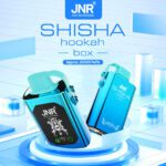 Two metallic blue JNR Shisha Hookah vape devices with approx. 20500 puffs, displayed in a futuristic setting