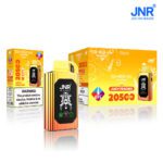 JNR shisha vape device in yellow-orange with packaging for 2050 puffs in juicy peaches flavor, displayed with nicotine warning label