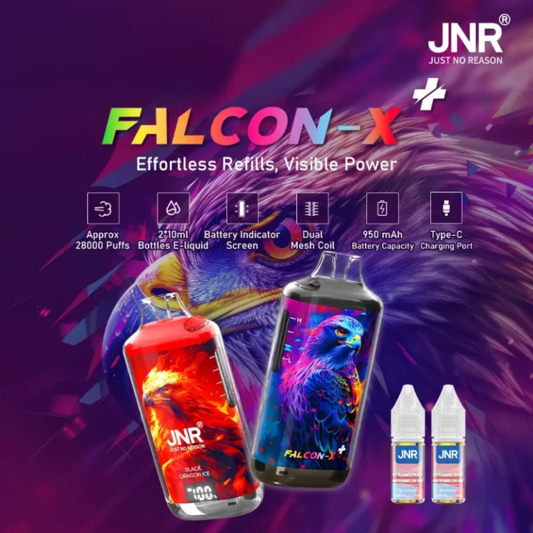 JNR Falcon-X vape featuring a bold eagle design, 28000 puffs, dual mesh coil, battery indicator screen, and Type-C charging port for effortless refills and visible power.