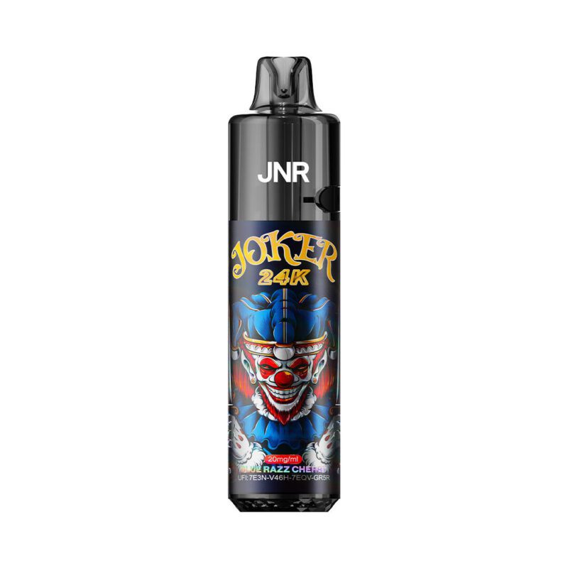 JNR Joker 24K disposable vape in Blue Razz Cherry flavor, featuring a bold clown-themed design and a sleek black finish.