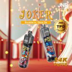 JNR Joker 24K disposable vape featuring a bold clown-themed design, 24K puffs capacity, and TPD certification for quality assurance.