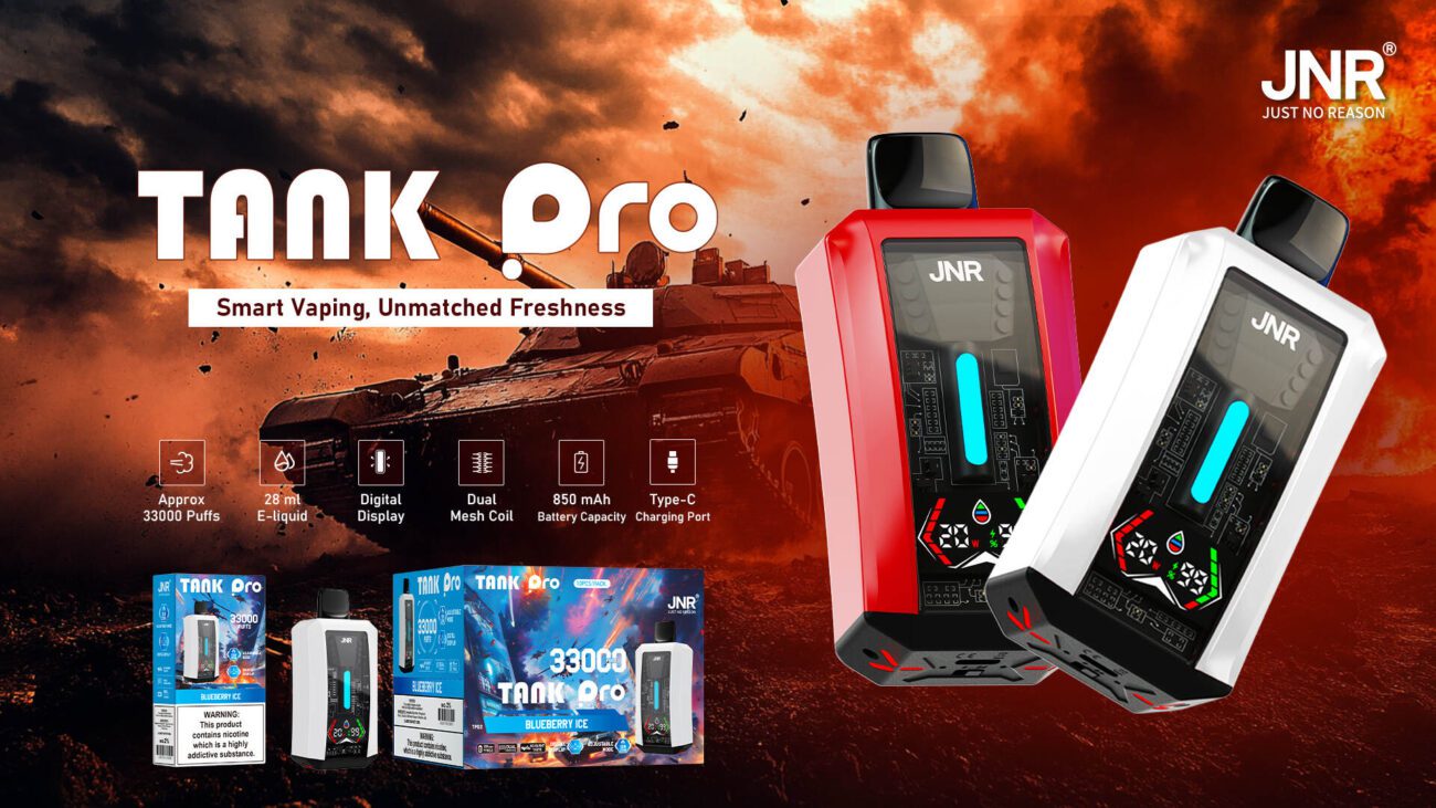 JNR Tank Pro disposable vapes in red and white, displayed against a fiery battlefield background with a tank. The device showcases a futuristic digital display and dual mesh coil technology, emphasizing its 33,000-puff capacity and high-performance features.