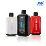 Three JNR Tank Pro disposable vapes in white, black, and red, showcasing different flavors and designs. The sleek devices include a digital display edition and branded flavor variants, set against a clean white background with the JNR logo.