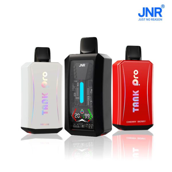Three JNR Tank Pro disposable vapes in white, black, and red, showcasing different flavors and designs. The sleek devices include a digital display edition and branded flavor variants, set against a clean white background with the JNR logo.