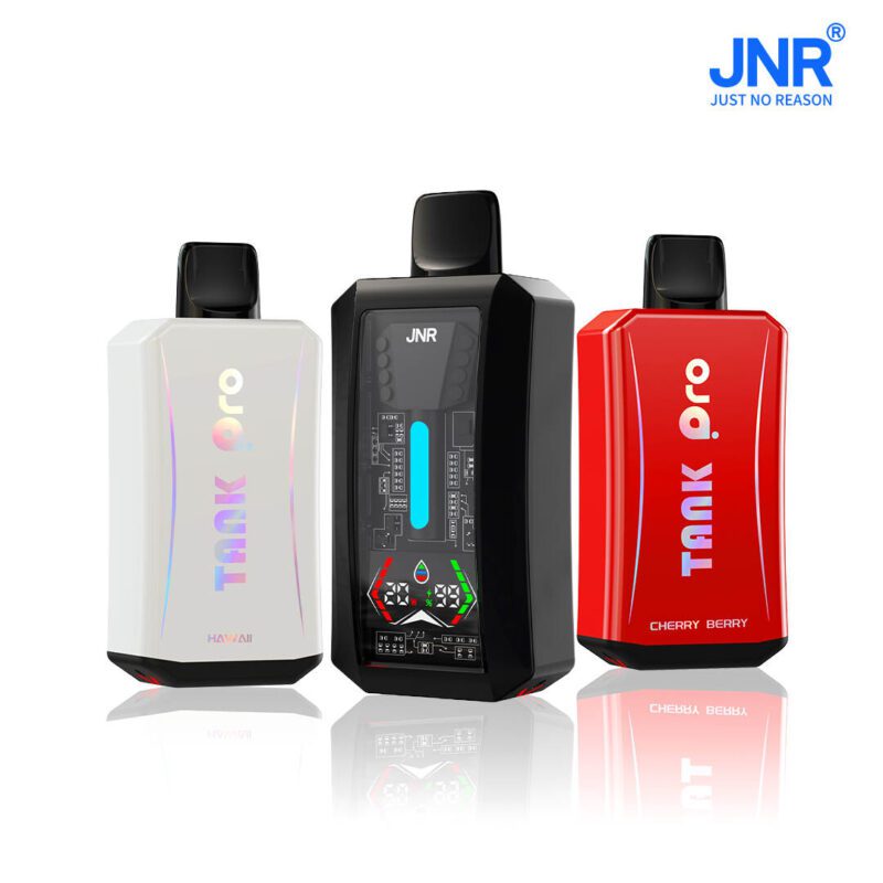 Three JNR Tank Pro disposable vapes in white, black, and red, showcasing different flavors and designs. The sleek devices include a digital display edition and branded flavor variants, set against a clean white background with the JNR logo.