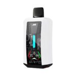 JNR Tank Pro disposable vape in a white design, showcasing a digital display with advanced vaping metrics. The sleek and modern device features circuit-style detailing, emphasizing its high-tech functionality.