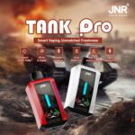 JNR Tank Pro disposable vapes in red and white, displayed against a battlefield-themed background with a tank. The image highlights key features, including 33,000 puffs, a digital display, dual mesh coil technology, and a powerful 850mAh battery.