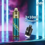 JNR BAR PRO disposable vape in Summer Peach Ice flavor with a 2+10ml prefilled pod, featuring a stylish gold and blue design against a neon-lit background.