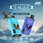 JNR Eagle vape device in blue and light blue designs, featuring a digital screen, adjustable airflow, mesh coil, 750mAh battery, Type-C charging, and 25ml e-liquid capacity against a mountain backdrop.