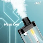 JNR vape device featuring a transparent pod with a glowing mesh coil, producing smooth vapor against a high-tech background.
