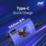 JNR Eagle vape device featuring a 750mAh battery, Type-C quick charging, and a bold eagle design on a blue background.