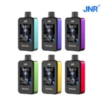 Une collection de six dispositifs de vapotage JNR MediaMax dans différentes couleurs : turquoise, violet, vert, jaune, rouge et noir.