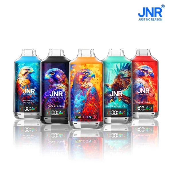 A set of JNR Falcon X disposable vapes featuring vibrant hawk-themed artwork and flavors like Blueberry Raspberry, Cherry Berry, Kiwi Watermelon Ice, and Cherry Cola, with a sleek digital display.