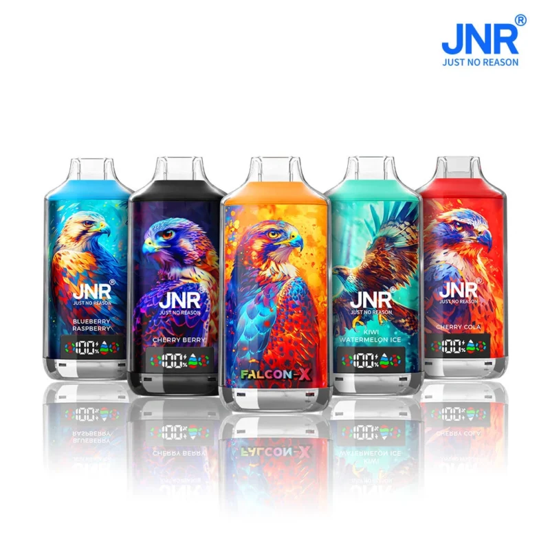 A set of JNR Falcon X disposable vapes featuring vibrant hawk-themed artwork and flavors like Blueberry Raspberry, Cherry Berry, Kiwi Watermelon Ice, and Cherry Cola, with a sleek digital display.