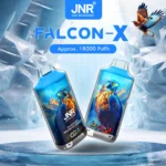JNR Falcon X disposable vape in Blueberry Raspberry Cherry flavor, featuring a striking blue hawk-themed design, 18,000 puffs, 950mAh battery, and a digital display for a premium vaping experience.