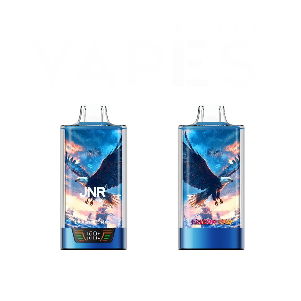 JNR Falcon Pro 28K Blue Razz Cherry vape device featuring eagle artwork and digital puff counter