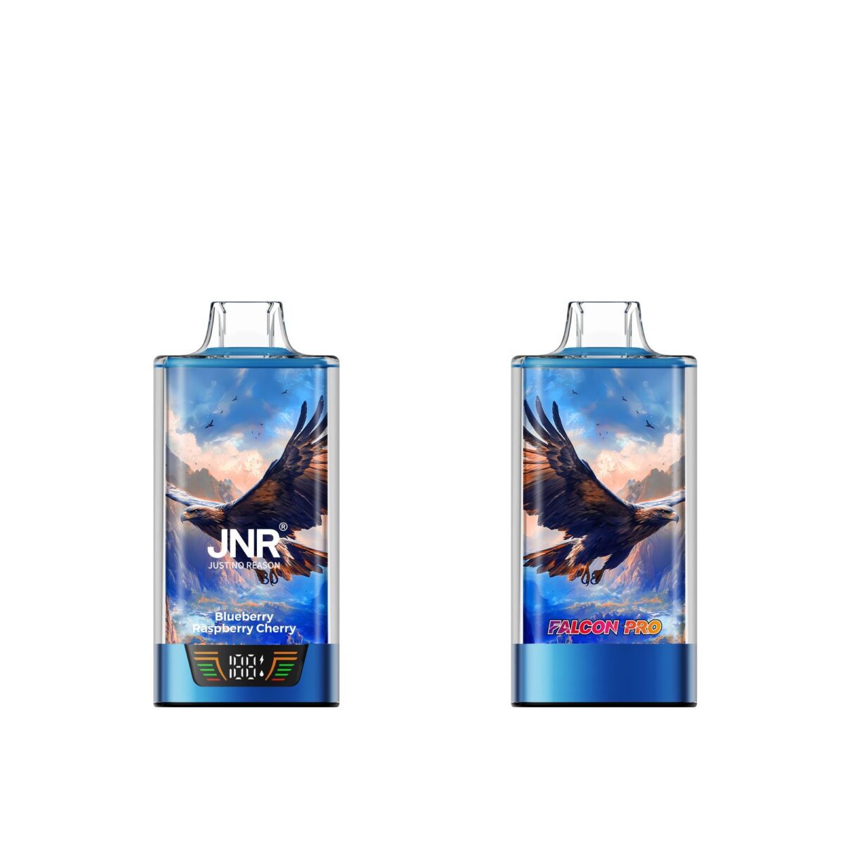 JNR Falcon Pro Blueberry Raspberry Cherry vape with vibrant eagle design and digital puff display