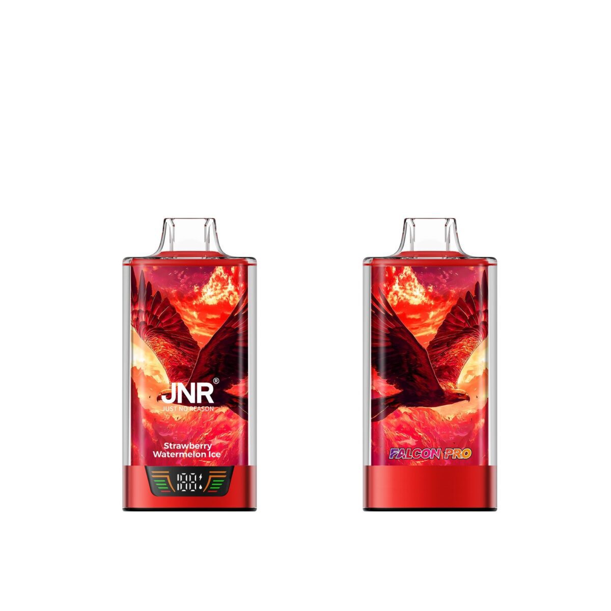 Image of JNR Falcon Pro disposable vape featuring Strawberry Watermelon Ice flavor with 28K puffs, displayed in vibrant packaging.