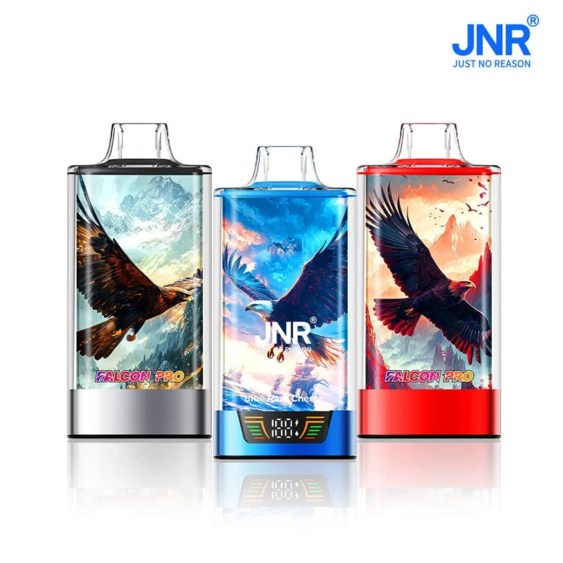 JNR Falcon Pro 28K puffs disposable vapes featuring powerful eagle artwork on colorful backgrounds