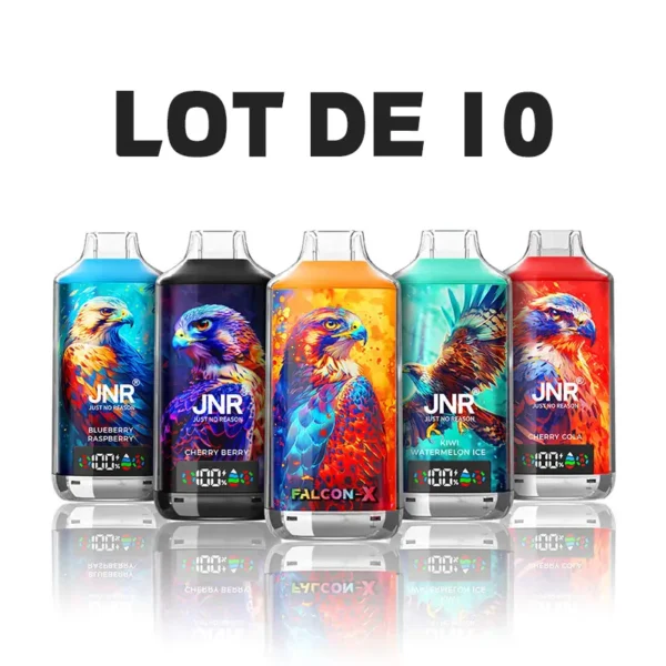 Pack of 10 JNR Falcon-X 18K disposable vapes with colorful falcon designs and assorted fruity flavors for bulk sale