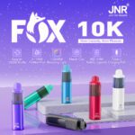 JNR Fox 10K vape with colorful design, offering 10,000 puffs, mesh coil, 800mAh battery, and Type-C charging.