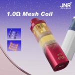 JNR Fox 10K vape with 1.0Ω mesh coil for superior flavor and vapor, shown with red and white vape devices.