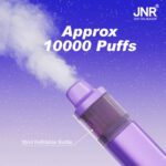 JNR Fox vape with approx. 10,000 puffs and 10ml refillable bottle, emitting vapor in a purple theme.