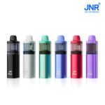 JNR Fox vape devices in six colors: black, white, green, blue, red, and purple, showcasing sleek design and vibrant hues.