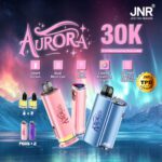 JNR Aurora 30K pod system showcasing smart screen, boost mode, and colorful breathing light with dual mesh coils for ultimate vaping.