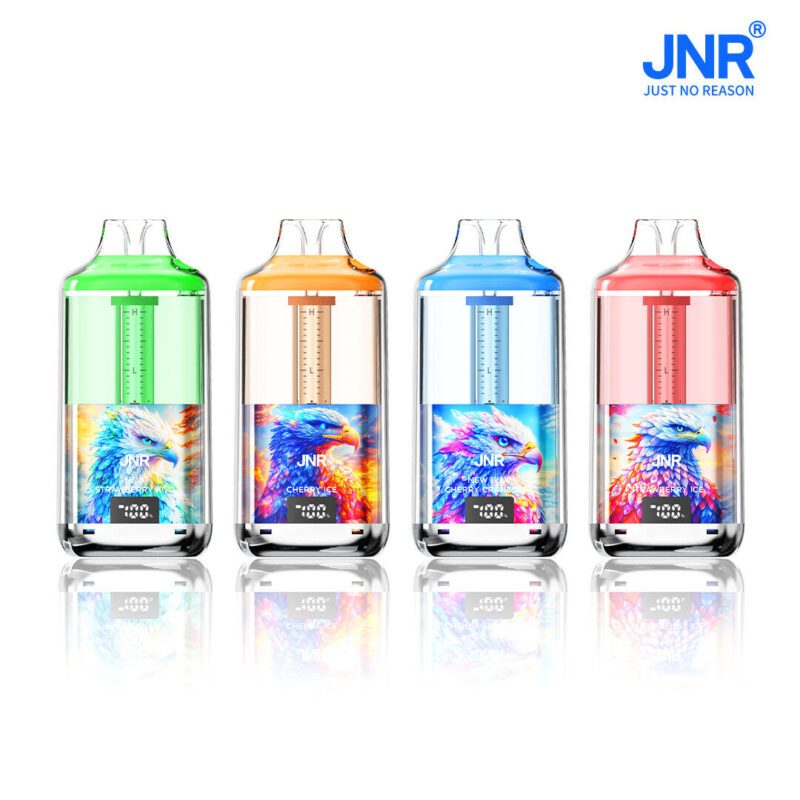 JNR Falcon Gem pod system with vibrant e-liquid tanks in green, orange, blue, and red colors, featuring the Cherry Ice flavor and 30,000 puffs.