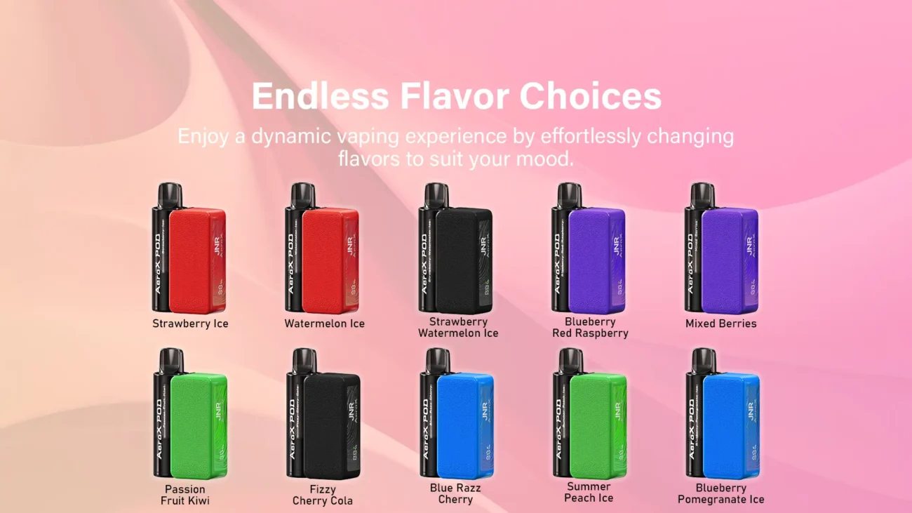 AeroX vape devices in all flavor variants including Blue Razz Cherry and Passion Fruit Kiwi