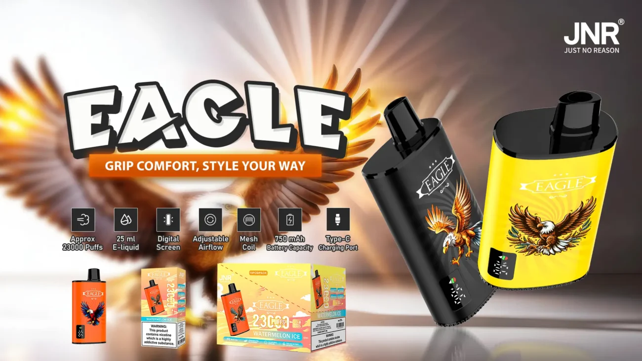 Eagle vape in black and yellow with retail boxes showing product features