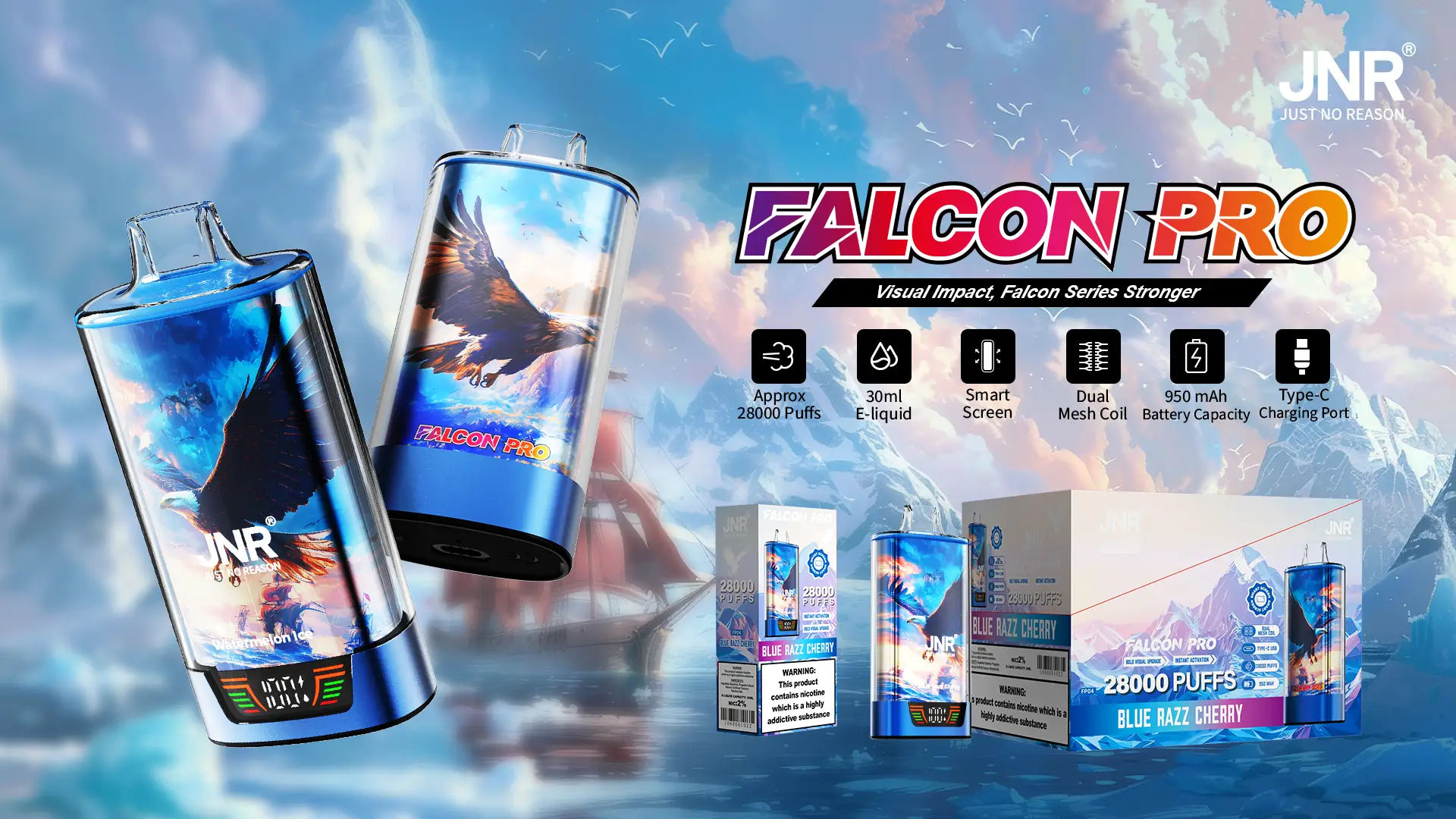 Falcon Pro Blue Razz Cherry vape device with retail and bulk packaging