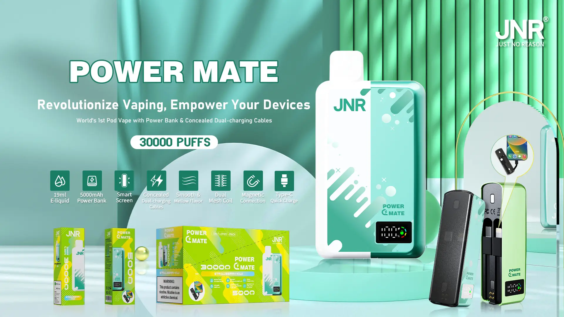 JNR Power Mate with packaging, device close-ups, and dual-charging cable inset